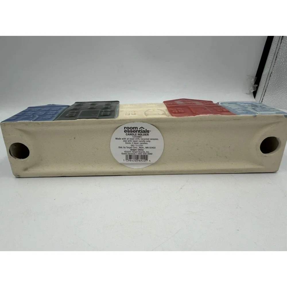 NWT Re White Blue Ceramic Candle Holder Row of Houses 9